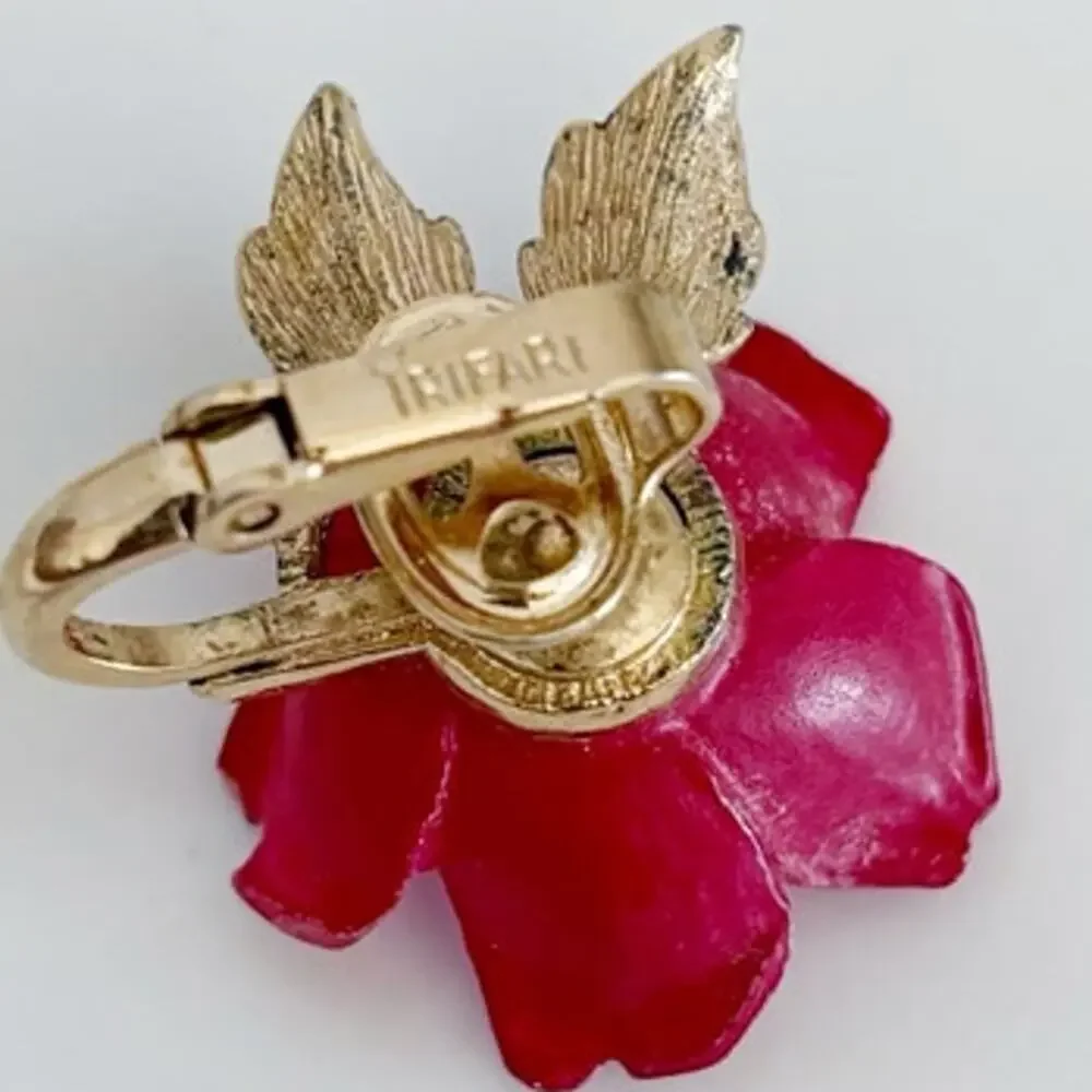 Vintage Trifari Rose Clip On Earrings Red